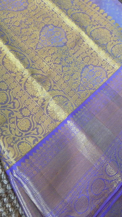 PURE TISSUE KANJIVARAM SILK HANDLOOM SAREE – SEA GREEN WITH PURPLE-GOLD BORDER