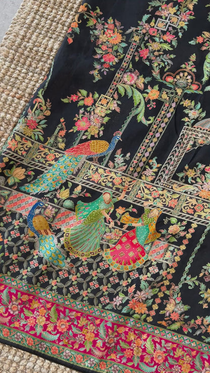 A Kashmiri Pashmina Banarasi Handwoven Storytelling Sarees - Black