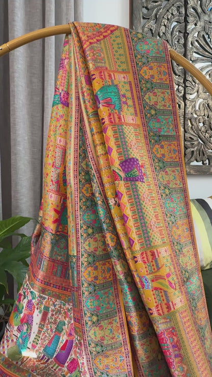 A Kashmiri Pashmina Banarasi Handwoven Storytelling Sarees - Yellow
