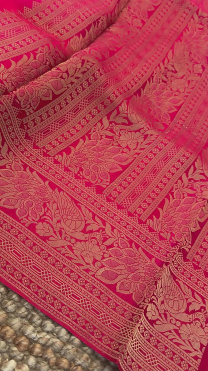 Pure Satin Viscose Silk Banarasi Sarees - Hot Pink
