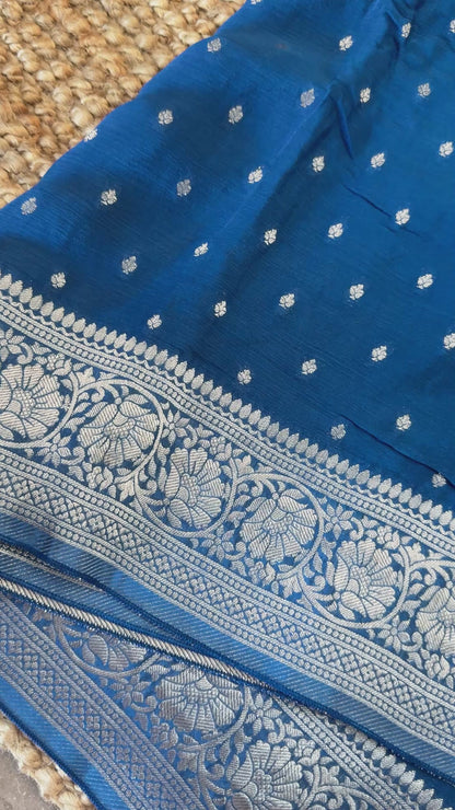 Pure Chinnon Crepe Banarasi Silk Saree – Peacock Blue