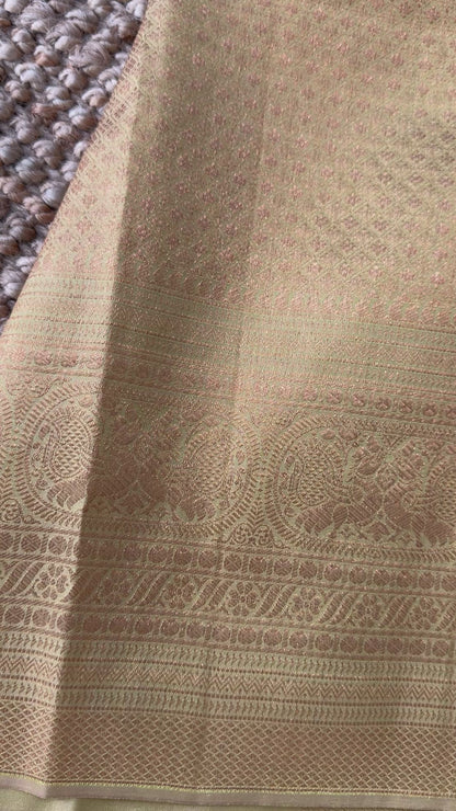 Pure Kanchivaram Silk Saree with Gold Zari Motifs – Champagne Color
