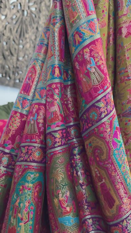 A Kashmiri Pashmina Banarasi Handwoven Storytelling Sarees - Mehndi Green