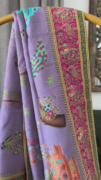 A Kashmiri Pashmina Banarasi Handwoven Storytelling Sarees on Munga Silk - Purple