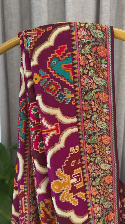 A Kashmiri Pashmina Banarasi Handwoven Sarees with Patola prints - Wine
