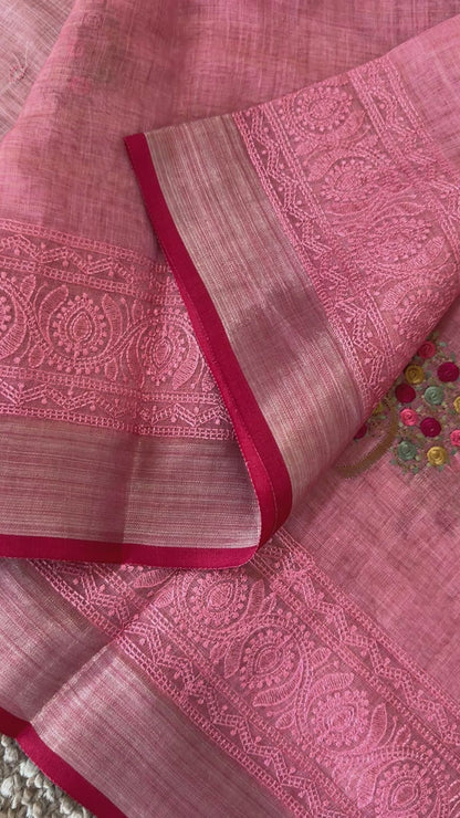 Embroidered Jute Linen Sarees – Effortless Elegance, Everyday Luxury - Peach