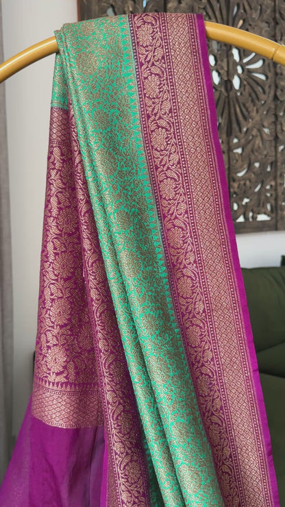 Raw Banarasi Handloom – Rama green with Wine