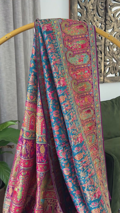 A Kashmiri Pashmina Banarasi Handwoven Storytelling Sarees - Teal