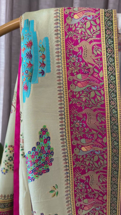 A Kashmiri Pashmina Banarasi Handwoven Storytelling Sarees on Munga Silk - Baby Green