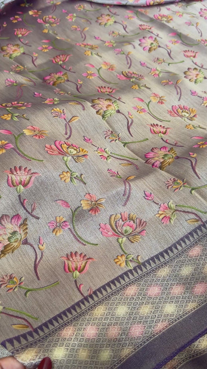Exclusive - A Soft Tissue Banarasi Handwoven Sarees with floral prints - Gold & Lavender