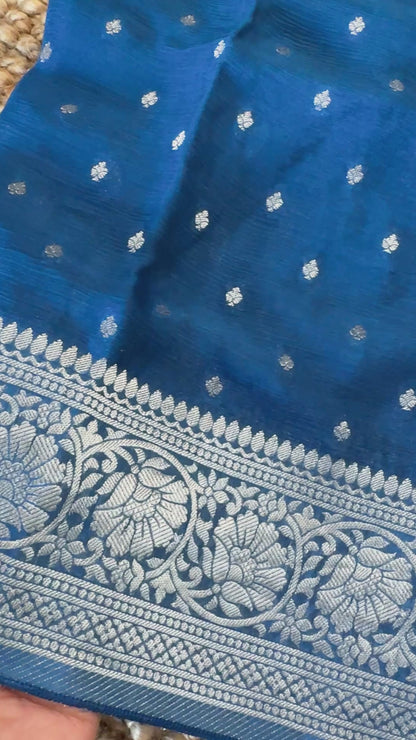 Pure Chinnon Crepe Banarasi Silk Saree – Peacock Blue
