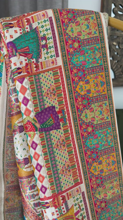 A Kashmiri Pashmina Banarasi Handwoven Storytelling Sarees - Half White