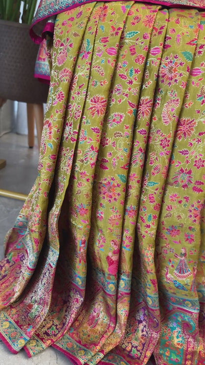A Kashmiri Pashmina Banarasi Handwoven Storytelling Sarees - Mehndi Green