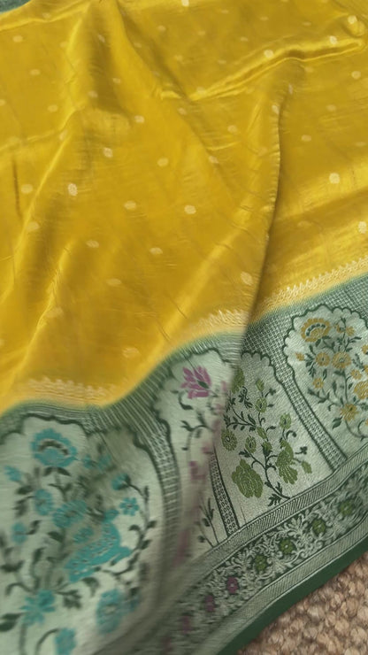 Tussar Raw Silk Handloom – Paithani Borders - Mustard with Green