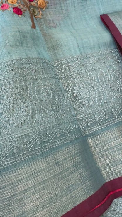 Embroidered Jute Linen Sarees – Effortless Elegance, Everyday Luxury - Blue