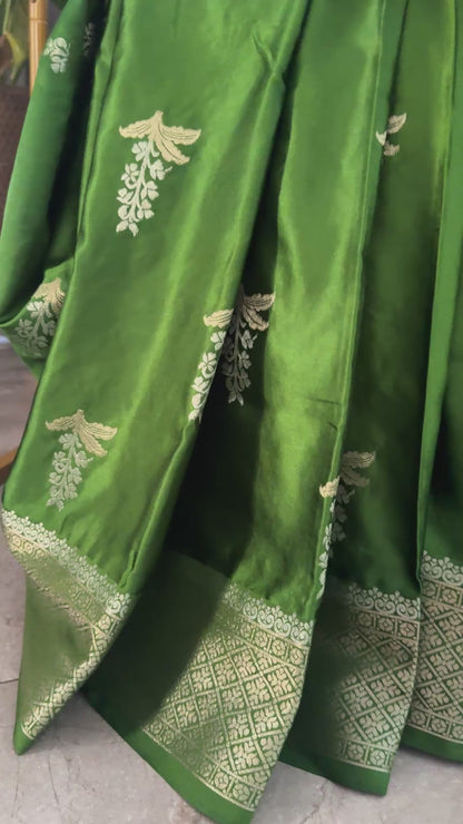 Satin Silk Banarasi Sarees - Olive Green