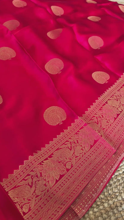 Pure Satin Viscose Silk Banarasi Sarees - Hot Pink