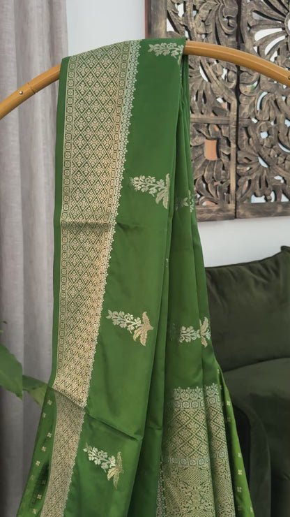 Satin Silk Banarasi Sarees - Olive Green