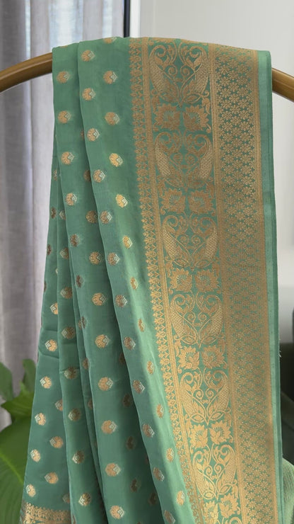 Pure Mashru Silk Banarasi Saree – Kanchi Australia’s Exclusive – Sage Green