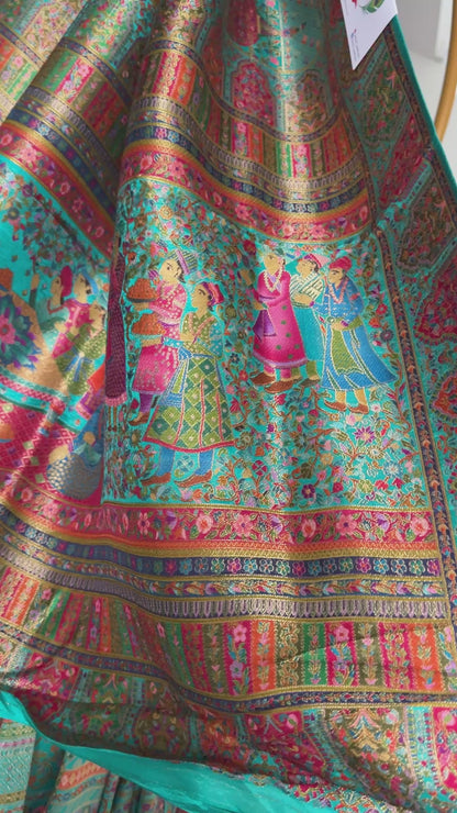 A Kashmiri Pashmina Banarasi Handwoven Storytelling Sarees - Teal Green