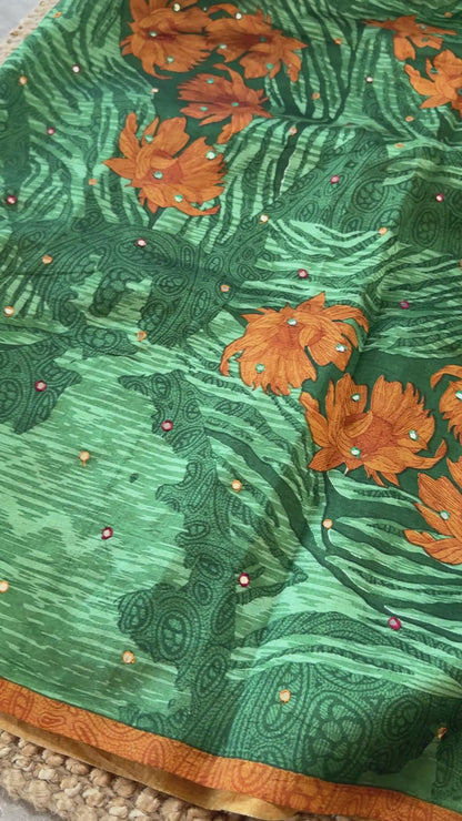 Mulberry silk saree - Batik Floral prints with Handwork - Green