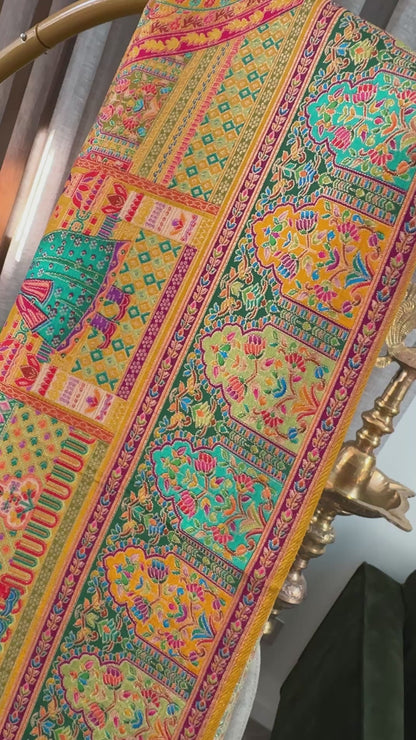 A Kashmiri Pashmina Banarasi Handwoven Storytelling Sarees - Yellow