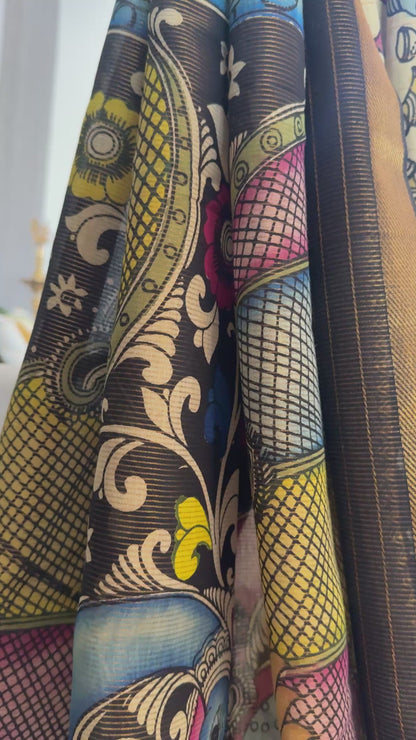 Handpainted Pen Kalamkari art on Pure Bangalore Silk