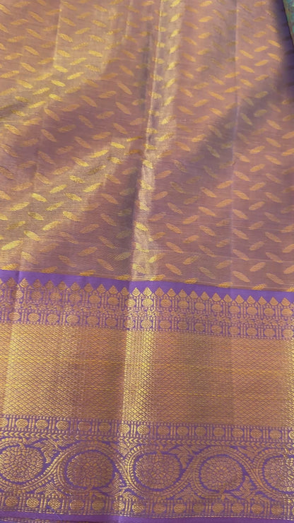 PURE TISSUE KANJIVARAM SILK HANDLOOM SAREE – SEA GREEN WITH PURPLE-GOLD BORDER