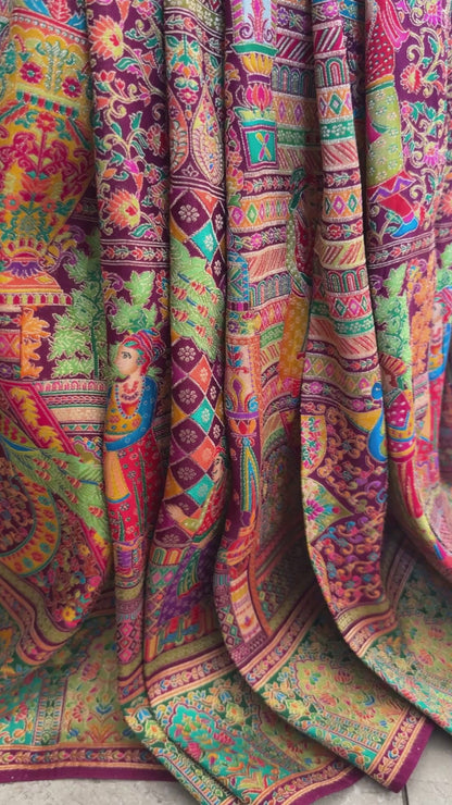 A Kashmiri Pashmina Banarasi Handwoven Storytelling Sarees - Wine