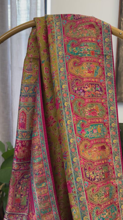A Kashmiri Pashmina Banarasi Handwoven Storytelling Sarees - Mehndi Green