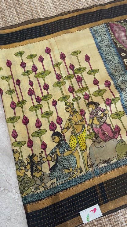 Handpainted Pen Kalamkari art on Pure Bangalore Silk