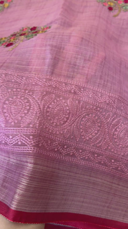 Embroidered Jute Linen Sarees – Effortless Elegance, Everyday Luxury - Peach