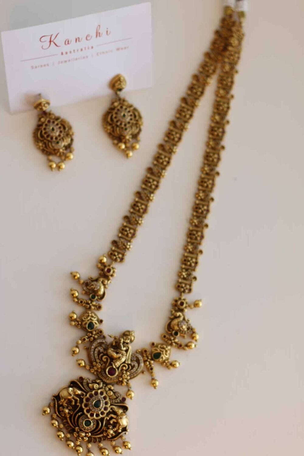 Long Bridal Temple Jewellery with ruby, emerald and white color stone