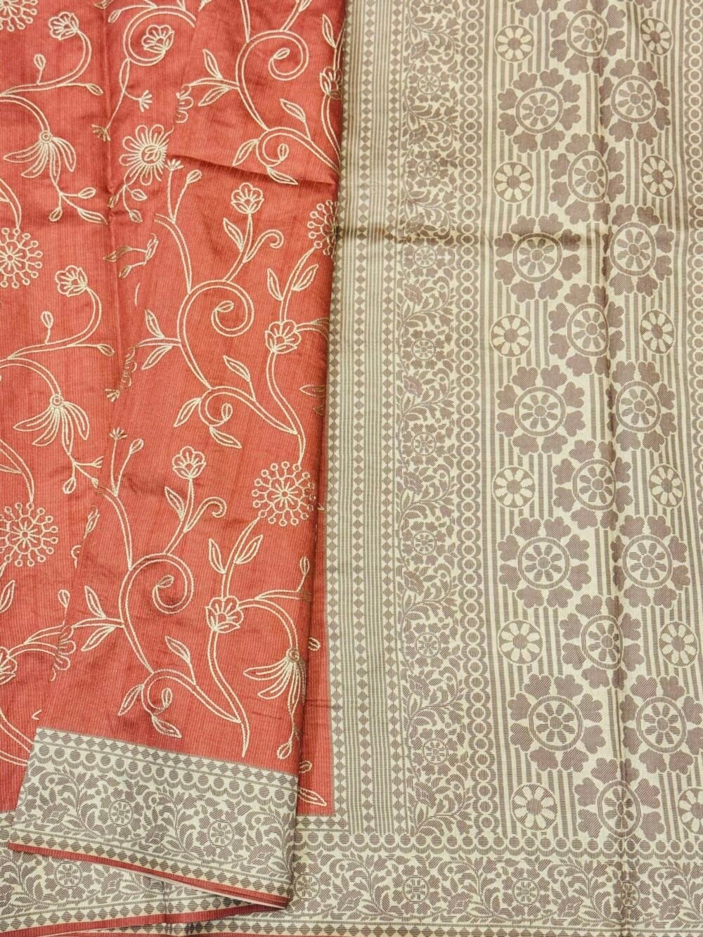 Handloom Semi - Tussar Raw silk embroidered saree - Peach