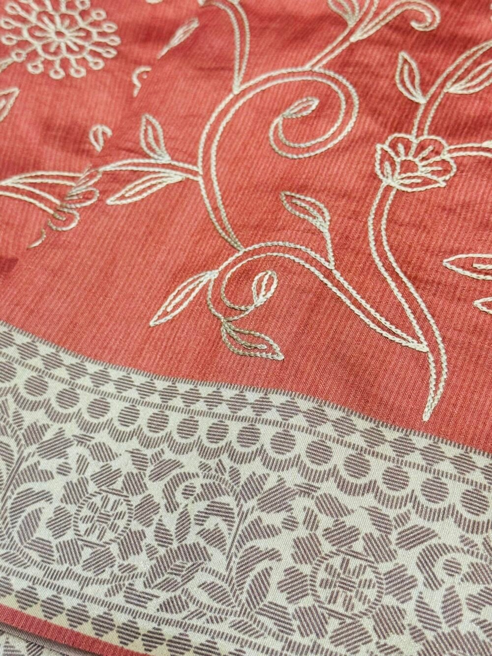 Handloom Semi - Tussar Raw silk embroidered saree - Peach - Image 4