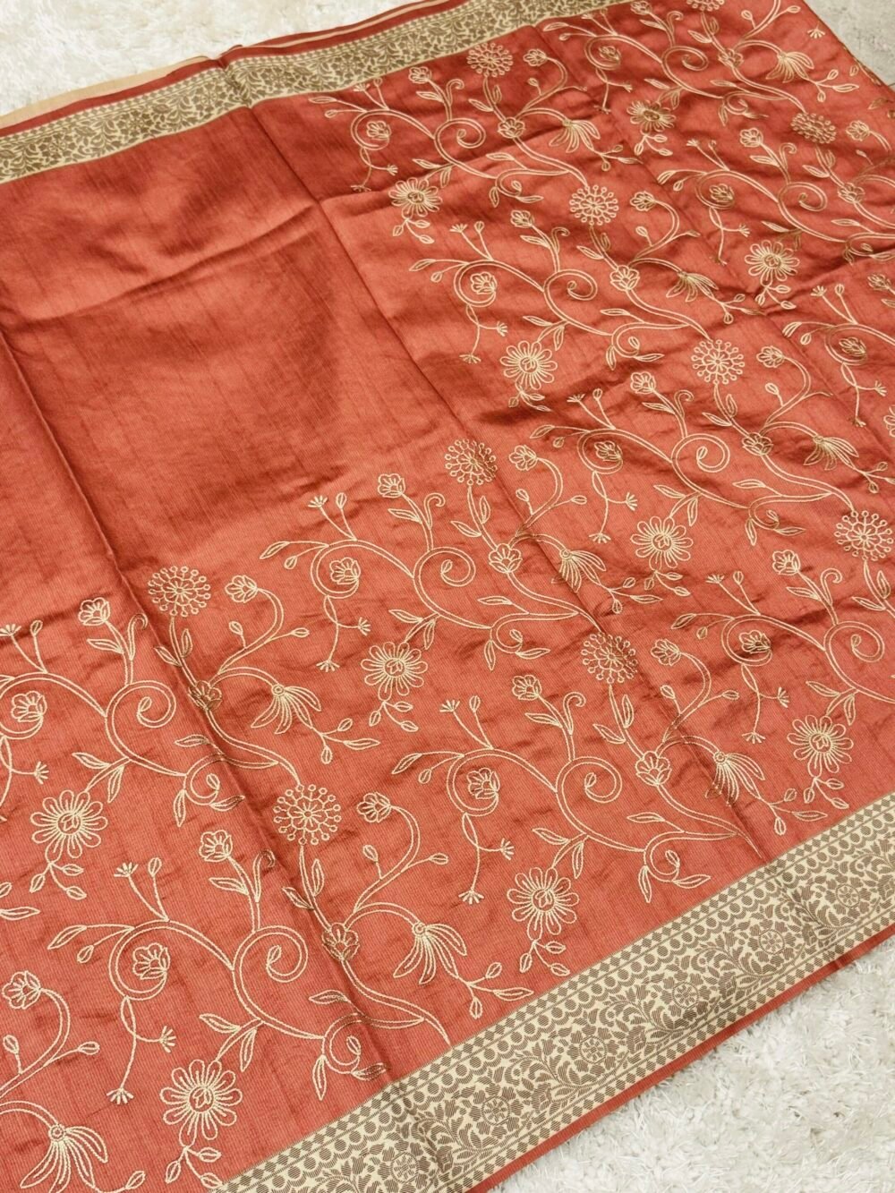 Handloom Semi - Tussar Raw silk embroidered saree - Peach - Image 6