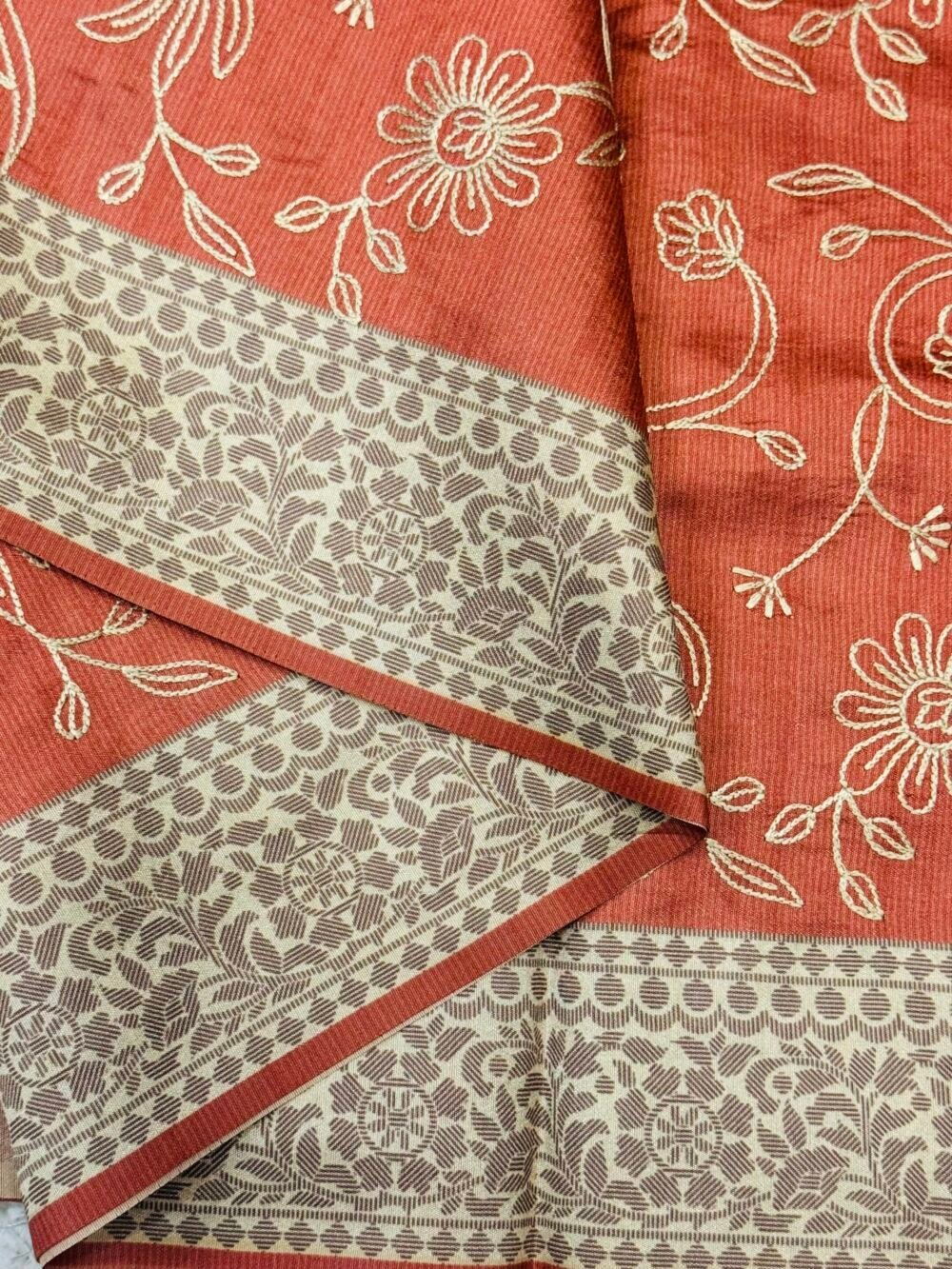 Handloom Semi - Tussar Raw silk embroidered saree - Peach - Image 2