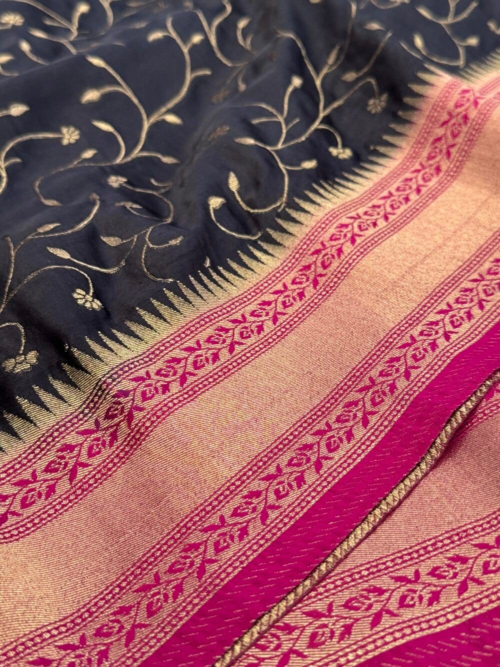 Pure Satin Silk Banarasi Saree - Black and Hot Pink - Image 11