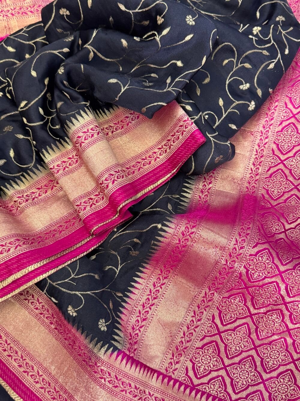 Pure Satin Silk Banarasi Saree - Black and Hot Pink - Image 2