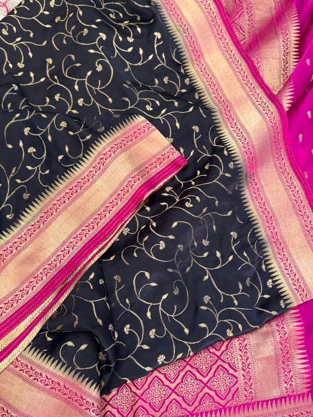 Pure Satin Silk Banarasi Saree - Black and Hot Pink - Image 3