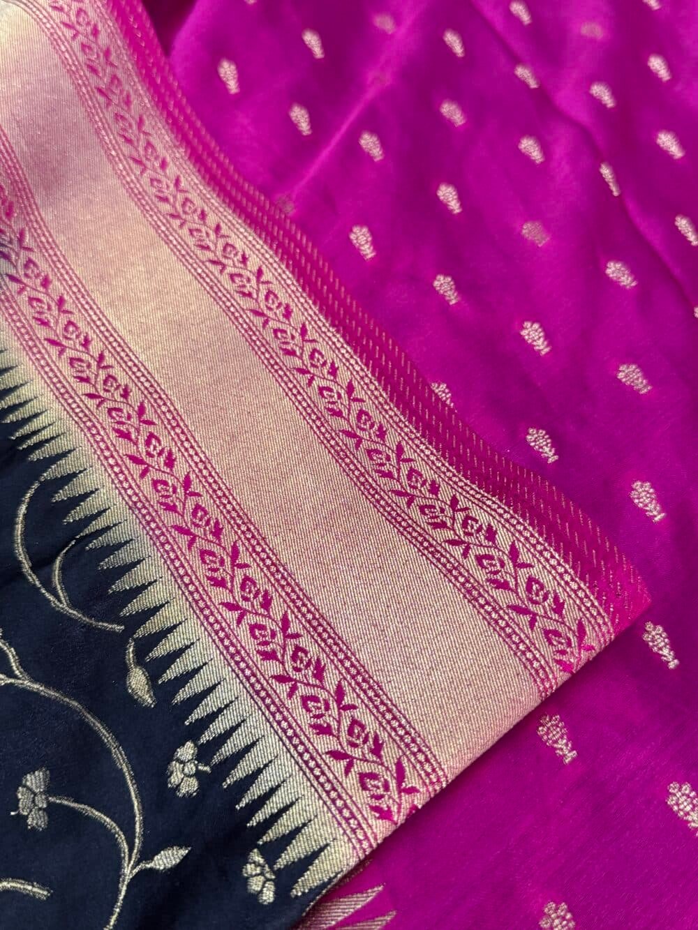 Pure Satin Silk Banarasi Saree - Black and Hot Pink - Image 4