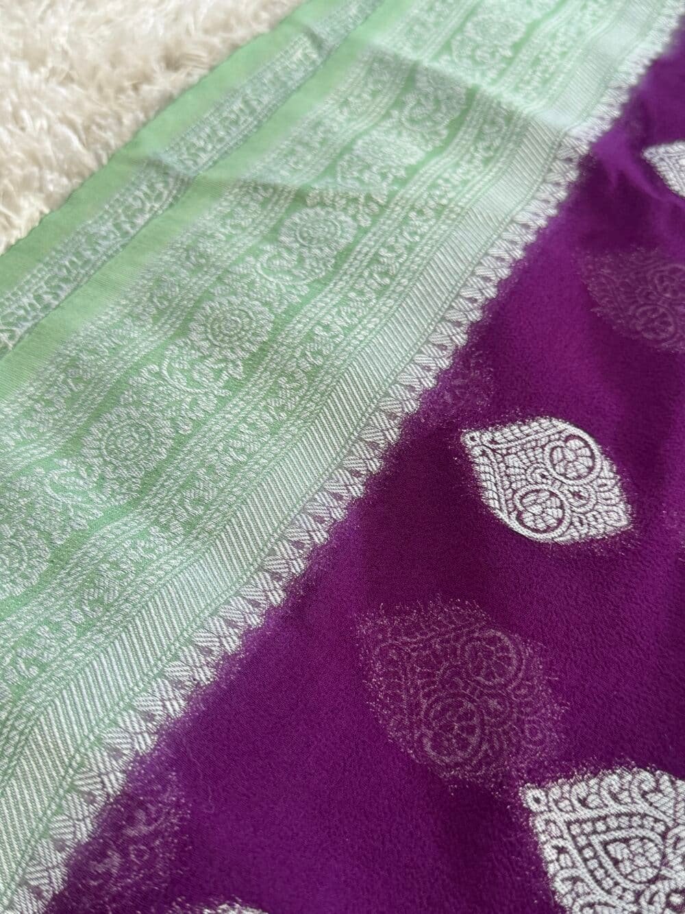 Pure Georgette Banarasi Saree - Purple and Sea Green combo - Image 3