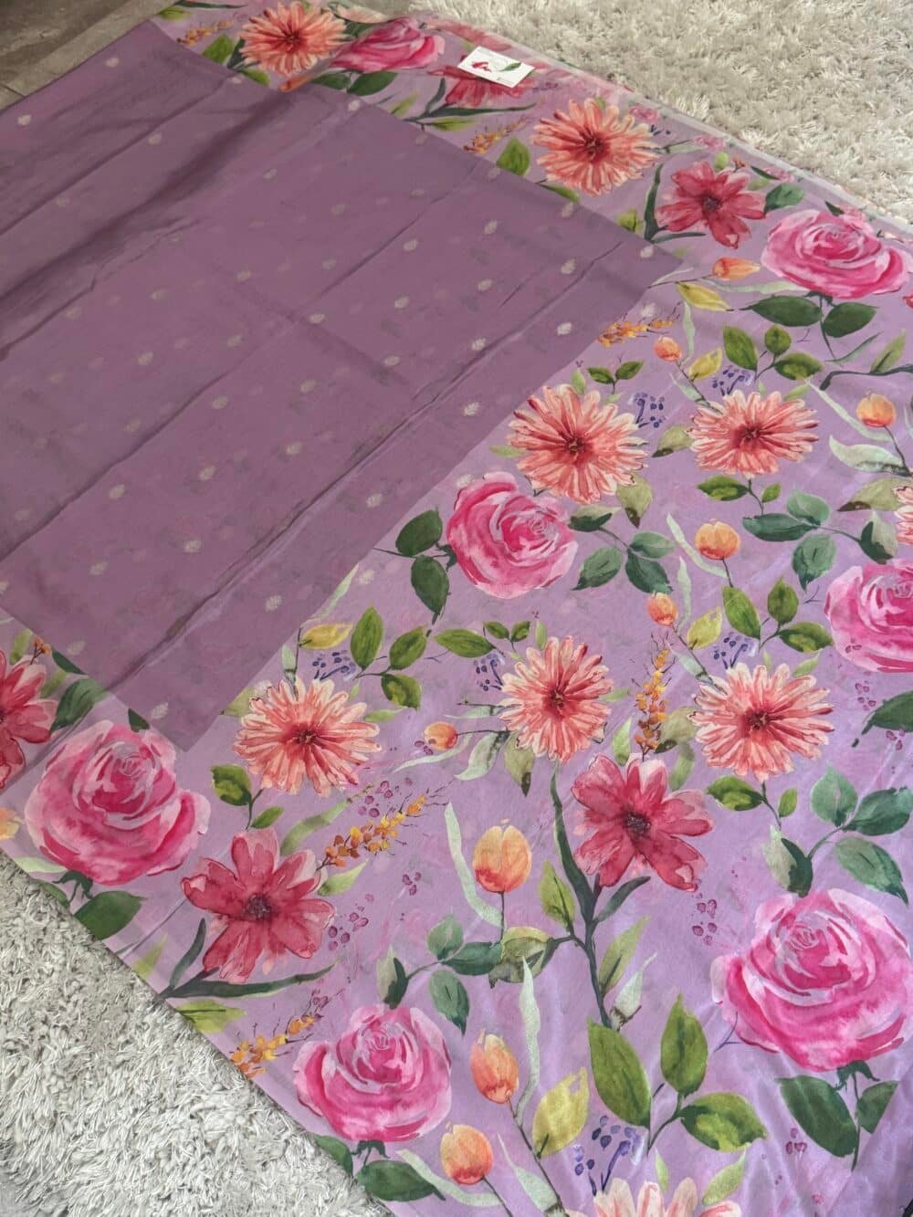 Pure Crepe silk saree - Lavender- Floral - Image 7