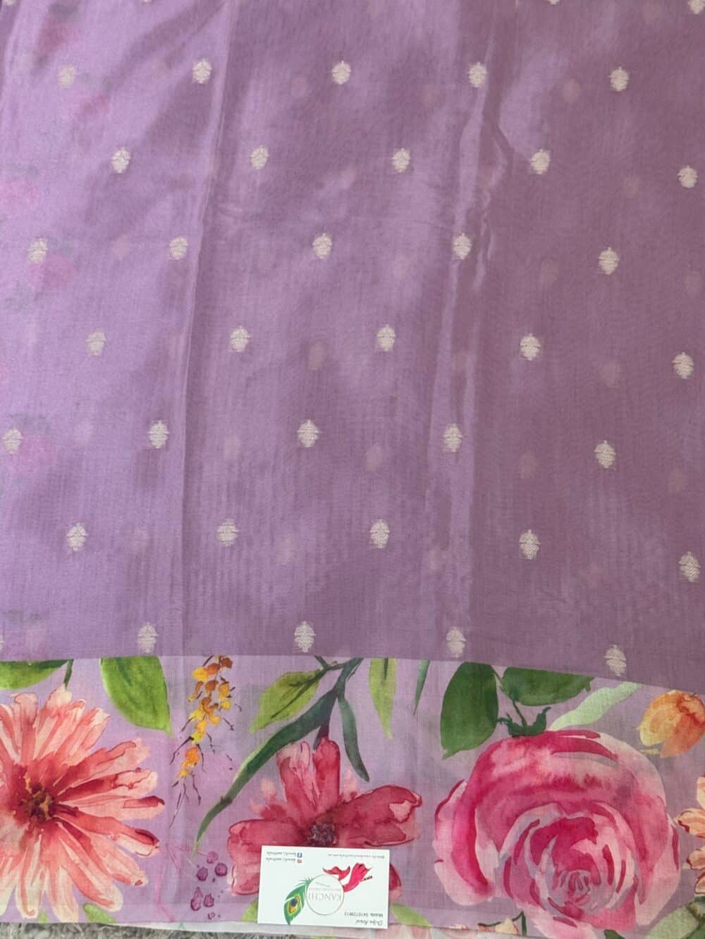 Pure Crepe silk saree - Lavender- Floral - Image 5