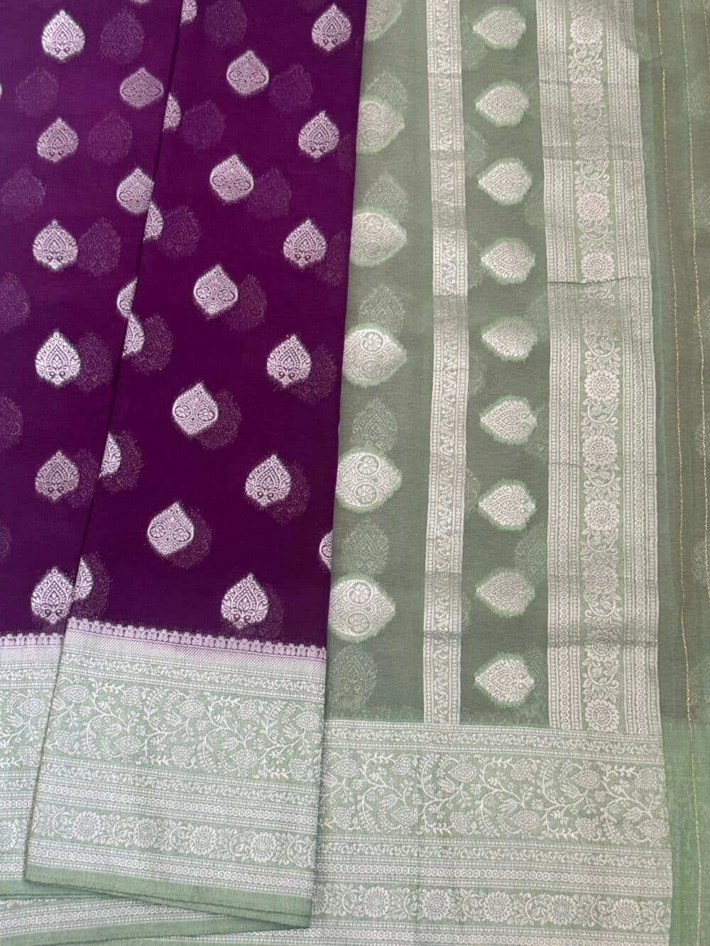 Pure Georgette Banarasi Saree - Purple and Sea Green combo