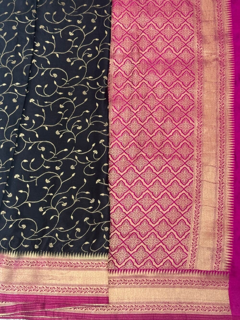 Pure Satin Silk Banarasi Saree - Black and Hot Pink