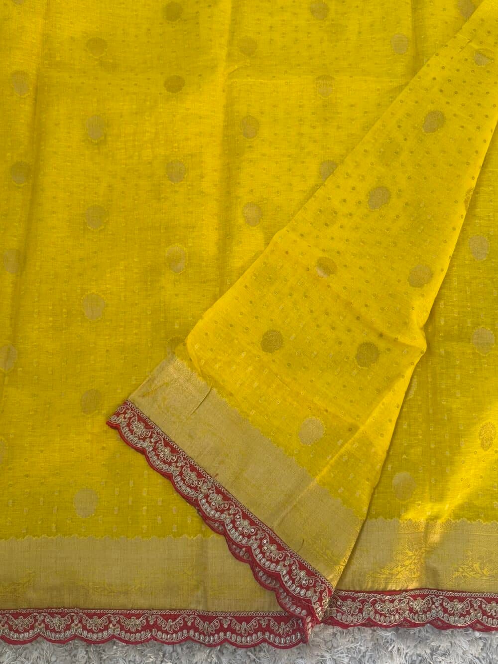 Kora banaras silk saree - Yellow with Red lace border