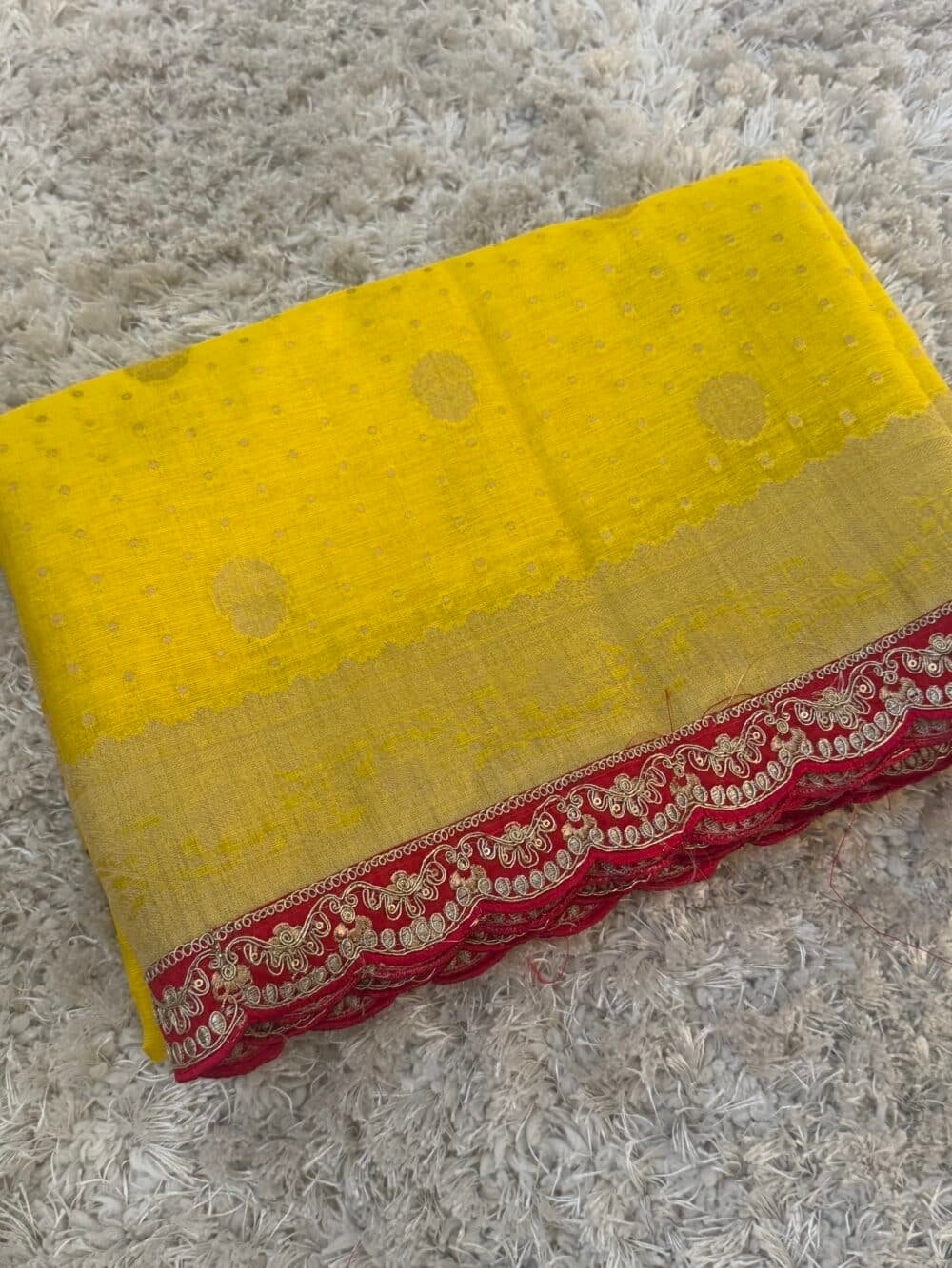 Kora banaras silk saree - Yellow with Red lace border - Image 7