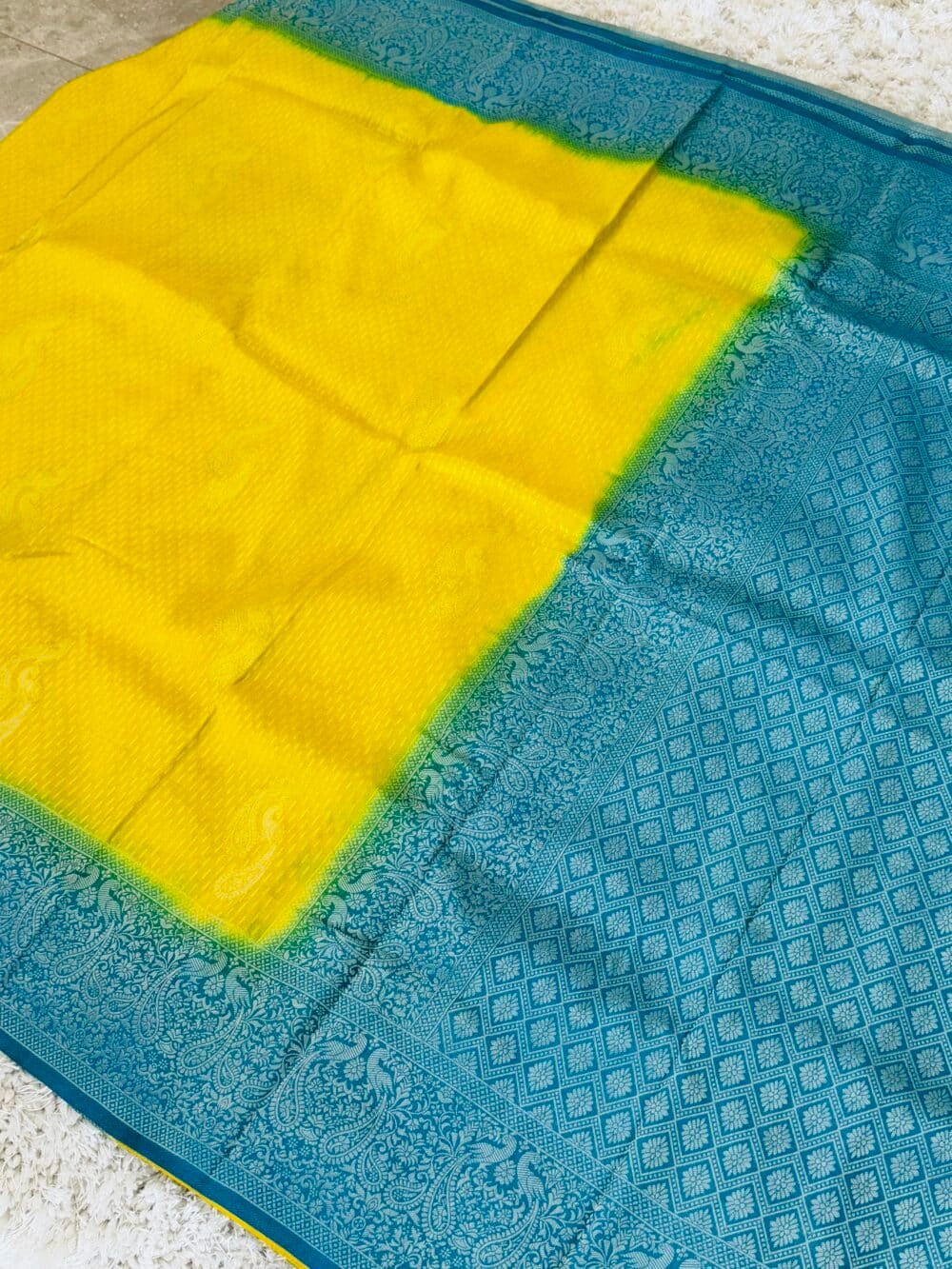 Georgette Silk Banarasi Saree - Yellow and Blue - Image 6