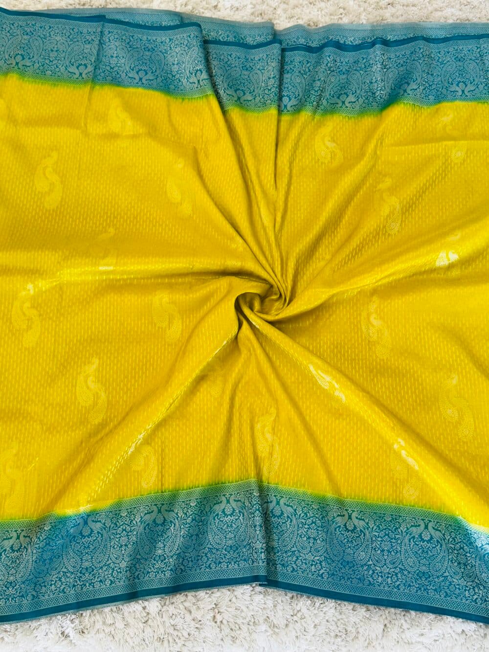 Georgette Silk Banarasi Saree - Yellow and Blue - Image 4